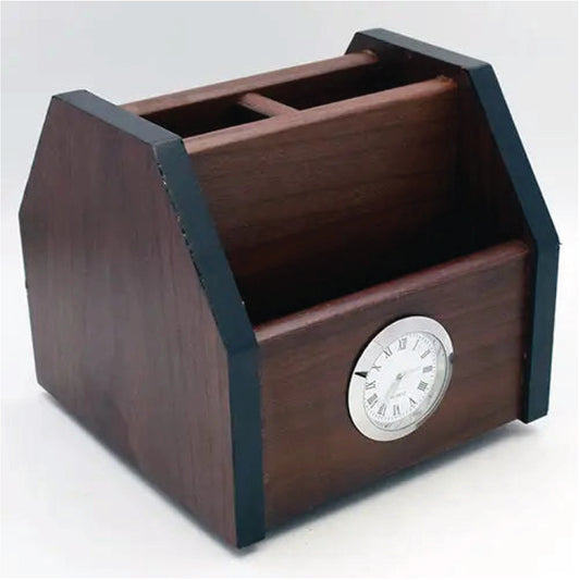 Wooden Stationary Organizer with Roman Clock | Elegant Desk Decor