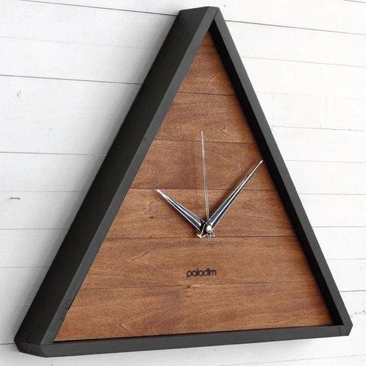 Triangle Wall Clock – Brown Base with Black Border & Golden Needles | Modern Wooden Décor Clock