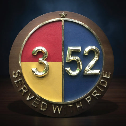 “Served with Pride” 3D Customized Logo – Premium Brass & Wooden Finish