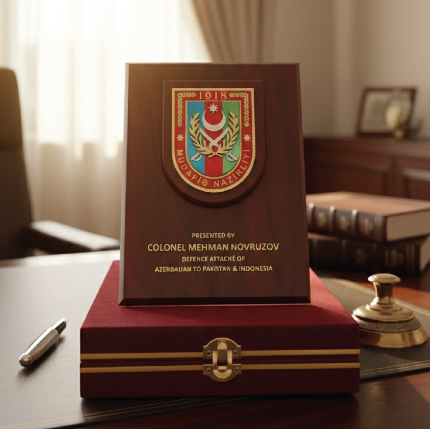 Premium Walnut Wood Shield Plaque with Velvet Presentation Box