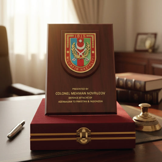Premium Walnut Wood Shield Plaque with Velvet Presentation Box