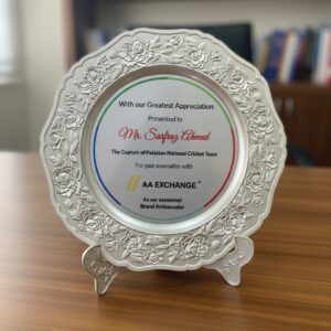 Premium Silver Floral Embossed Plate Award with Desktop Stand