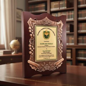Premium Mahogany Finish Scalloped Wood Plaque with Ornate Antique Bronze Scroll Border