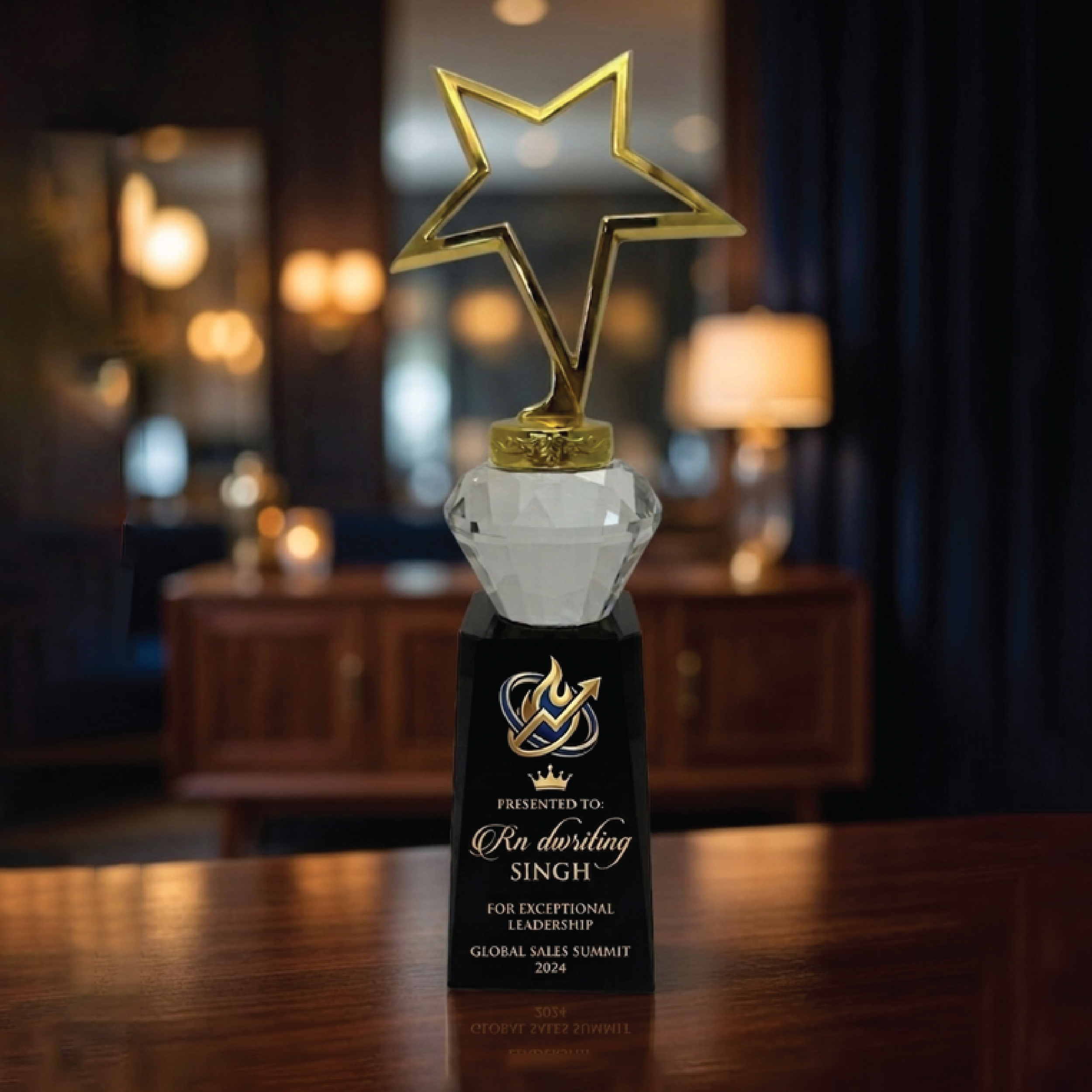 Apex Achievement Crystal Award | Modern Geometric Glass Trophy with Blue Pedestal