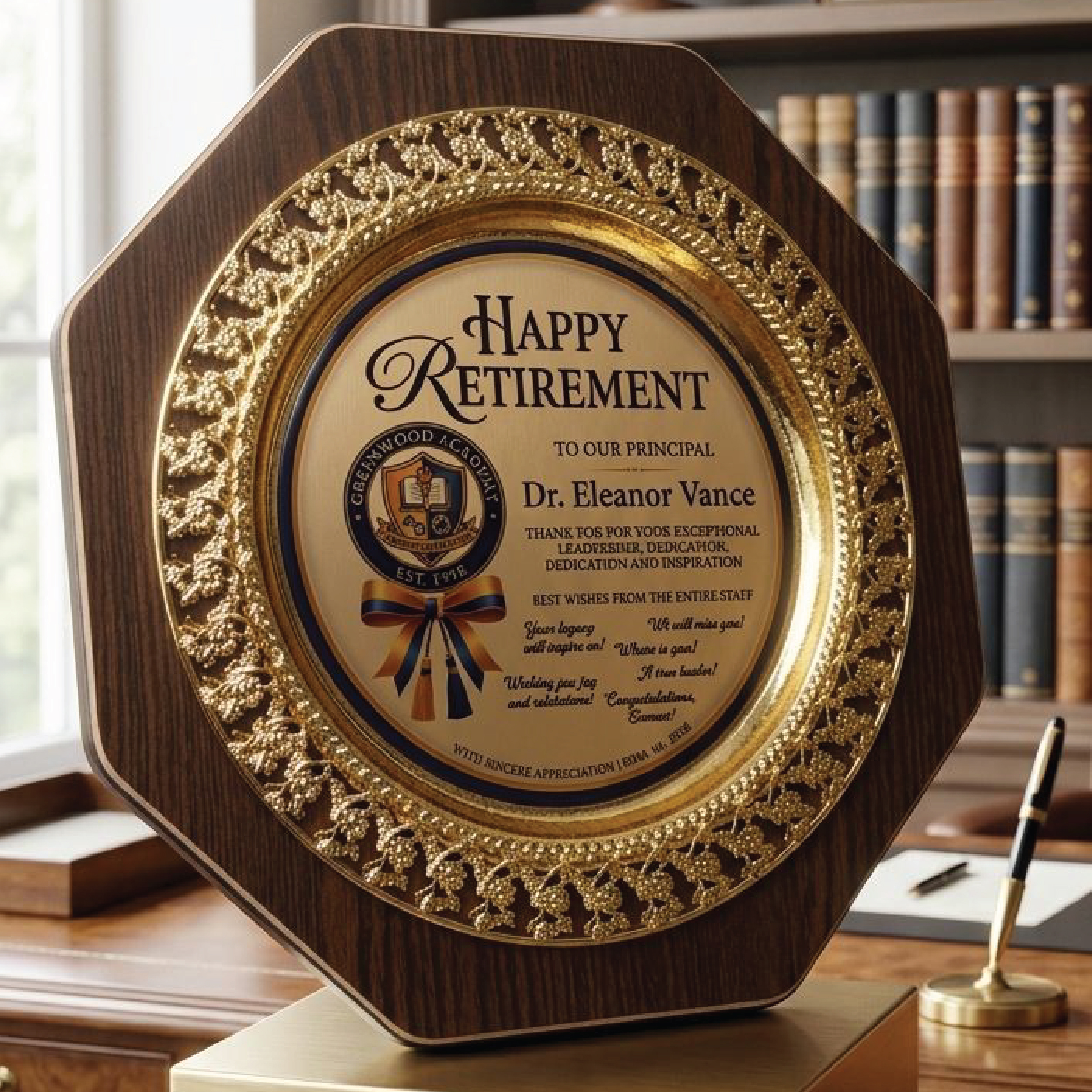 Octagonal Wood and Gold Filigree Recognition Plaque – Premium Retirement & Service Award