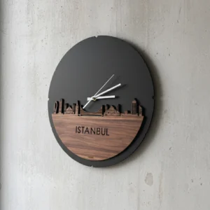 Black Round Wooden Wall Clock with Traditional Istanbul Writing – Elegant Islamic Home Décor