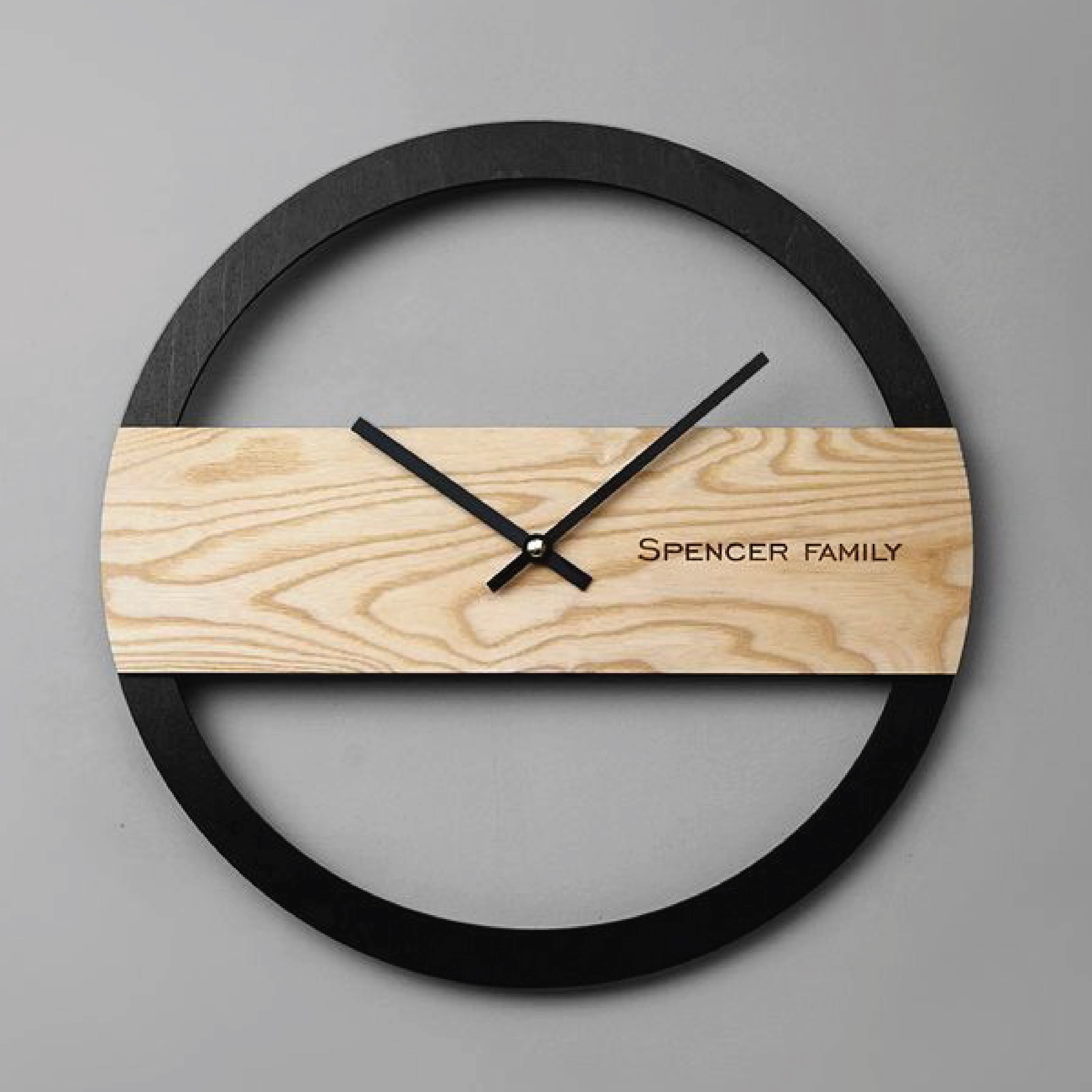 Black Round Wall Clock with Wooden Center Plate – Modern Minimalist Home Décor Clock