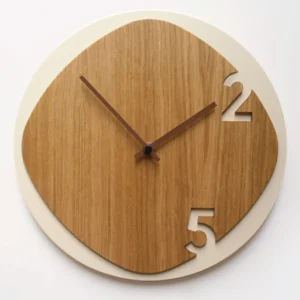 White Round Wall Clock with Wooden Rounded Rectangle Design – Modern Minimalist Home Décor
