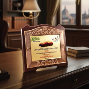 Exquisite Floral Border Mahogany Plaque – Premium Metallic Gold & Bronze Dealer Award