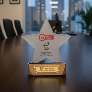 Frosted Star Acrylic Award with Natural Wood Pedestal Base