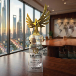 Architectural Arch Crystal Award | Premium Clear Glass Trophy with Blue Pedestal