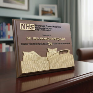 Premium 3D Architectural Wood Plaque – Custom Gold-Tone Relief Healthcare & Corporate Award