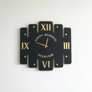Roman Black & Gold Wooden Wall Clock – Luxury Round Home Décor Clock with Golden Numerals