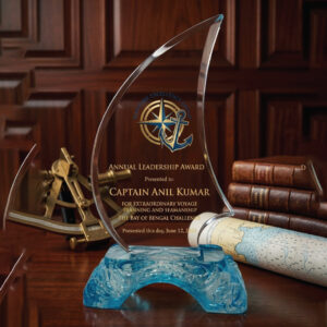 Nautical Sail Crystal Award | Premium Maritime Leadership Trophy with Wave-Textured Blue Base