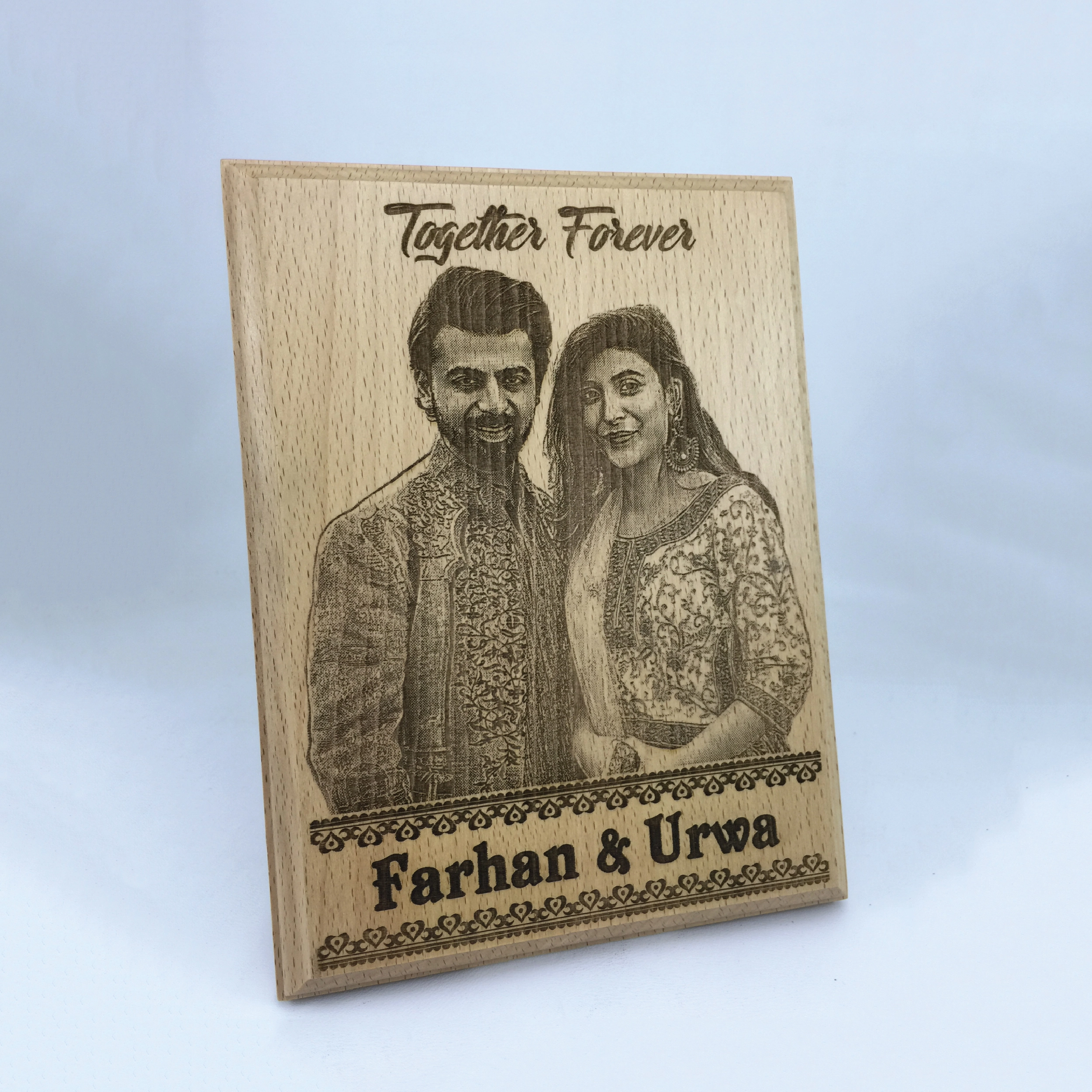 Farhan & Urwa Laser Engraved Wooden Plaque ? Personalized Name & Logo Gift