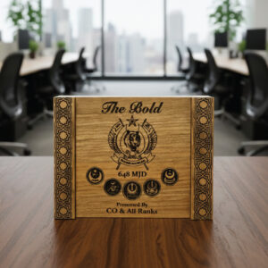 Artisan Oak Wood Military Plaque | Laser-Engraved Commemorative Shield with Geometric Borders