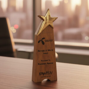 Stellar Performance Oak Wood Trophy | Premium Gold Star Corporate Award