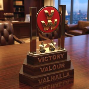 Victory & Valour Tiered Wood Trophy | Premium 3D Metallic Corporate Award