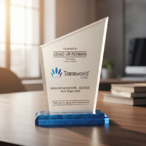 Frosted Peak Crystal KPI Award | Contemporary Blue Ice Base Achievement Trophy