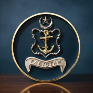 Premium 3D Metallic Naval Emblem – Golden Anchor with Crescent & Star on Navy Blue Leather Base