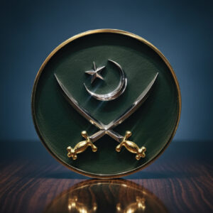 Premium 3D Metallic Emblem – Crossed Swords with Crescent & Star on Green Leather Base