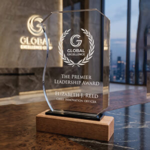 Zenith Wave Crystal Award with Solid Walnut Pedestal – Premium Executive Series