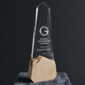 Apex Obelisk Crystal Award with Sculpted Mountain Wood Base