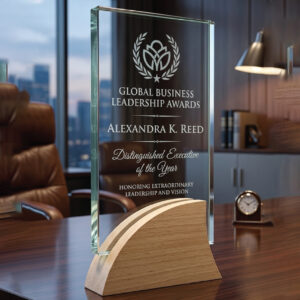 Horizon Wave Jade Glass Award with Sculpted Wood Base – Premium Executive Series