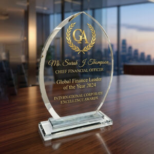 Apex Arched Crystal Excellence Award – Premium Glass & Gold Pedestal Trophy