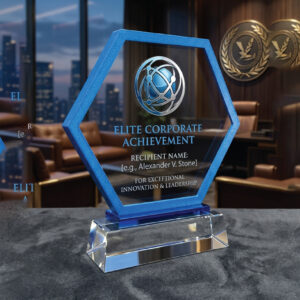 Elite Hexagonal Cobalt Framed Achievement Award – Premium Crystal Trophy