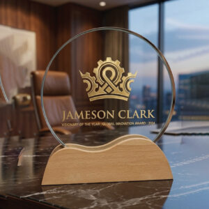Horizon Circular Glass Award with Wave-Contoured Wooden Base