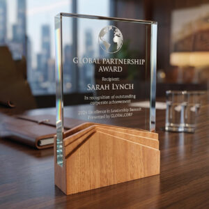 Summit Tiered Wood & Crystal Block Award - Modern Executive Plaque