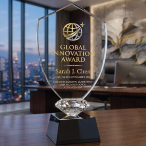 Diamond Shield Crystal Excellence Award – Premium Black Pedestal Trophy