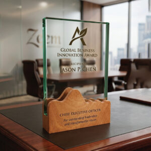 Skyline Jade Glass Award with Sculpted Mountain Wood Base