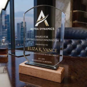Astra Arched Crystal Plaque with Solid Oak Base – Premium Executive Award